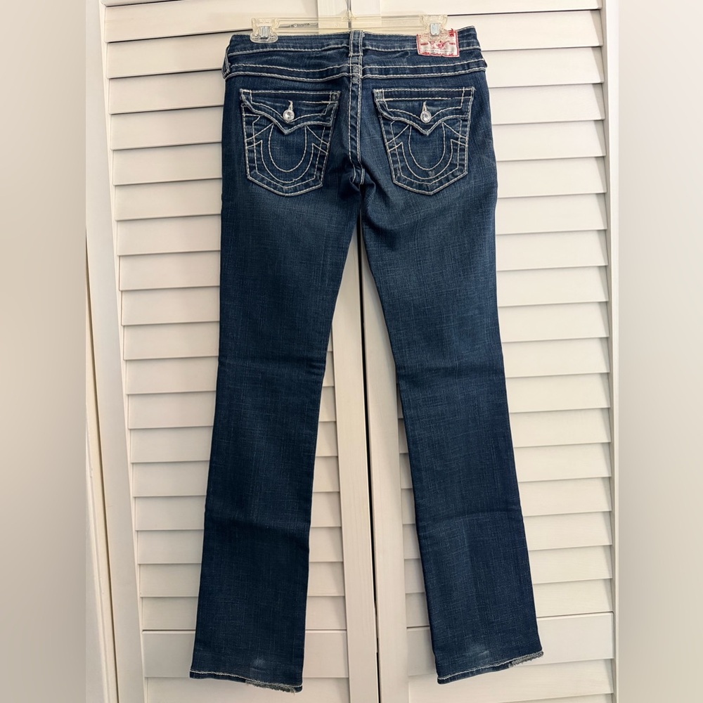 TRUE RELIGION Boot Cut/Flare Jeans Swarovski Buttons 27” Waist/32” Long Low-Rise